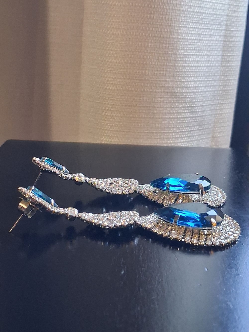 Sapphire Blue Glass Rhinestone Pageant Statement Earrings Prom Event Bridal 3¼" - Picture 11 of 16